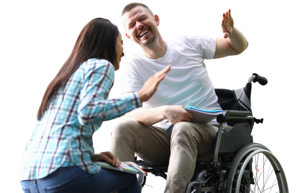 Happy man in wheelchair smiling and laughing with friend